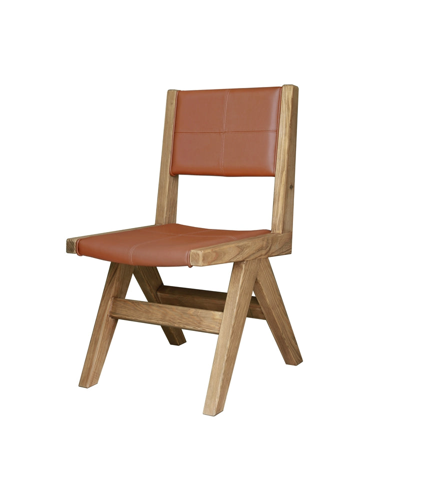 Rustic wooden dining chair farmhouse style with a tan seat