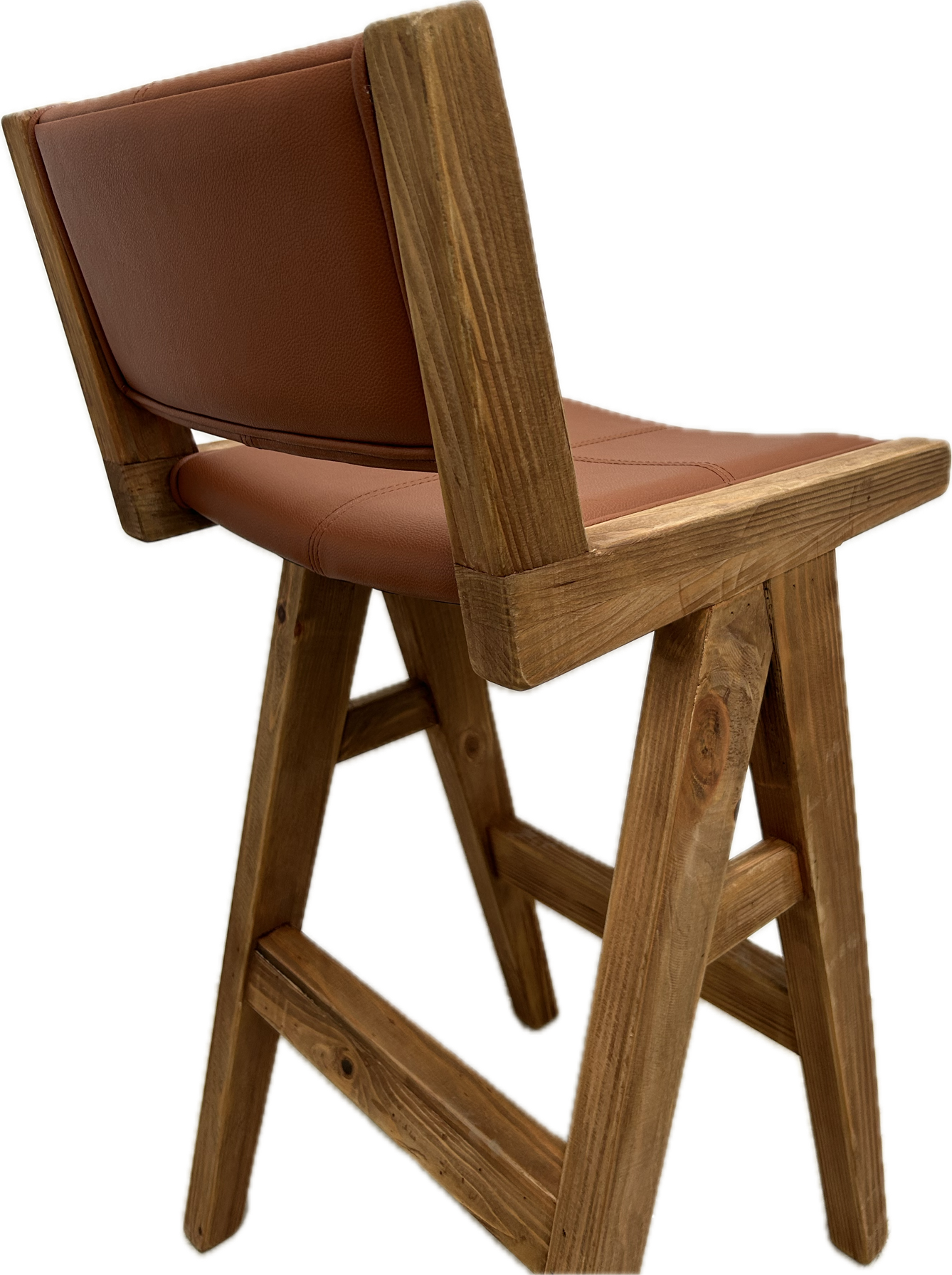 Back view of a brown kitchen bar stool made of wood with a fabric seat and backrest tan colour