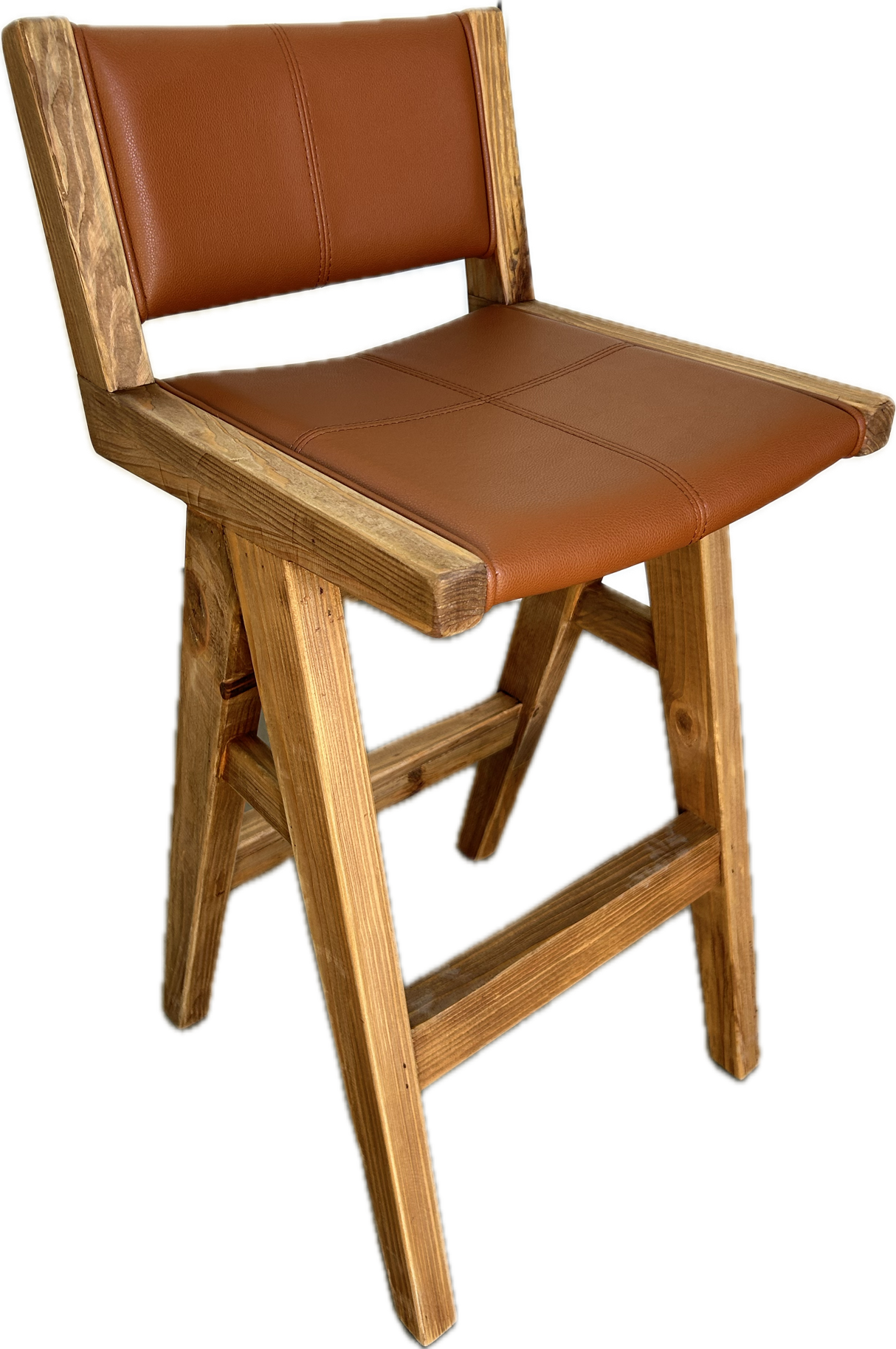 Rustic wooden bar stool with tan leather seat