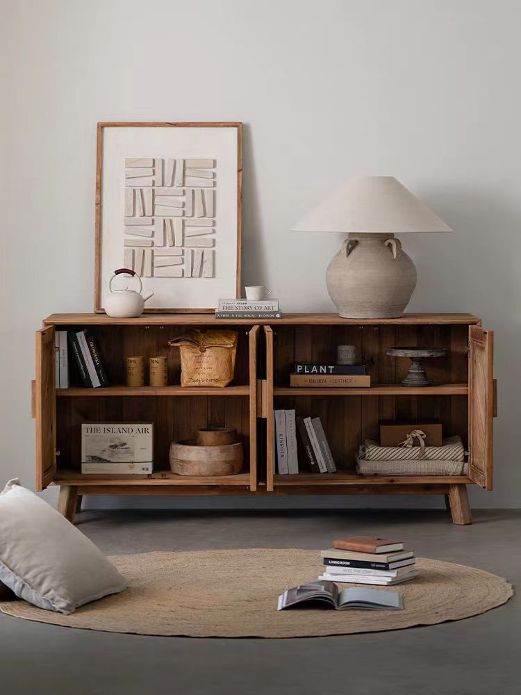 View of large shelves inside rustic style storage buffet