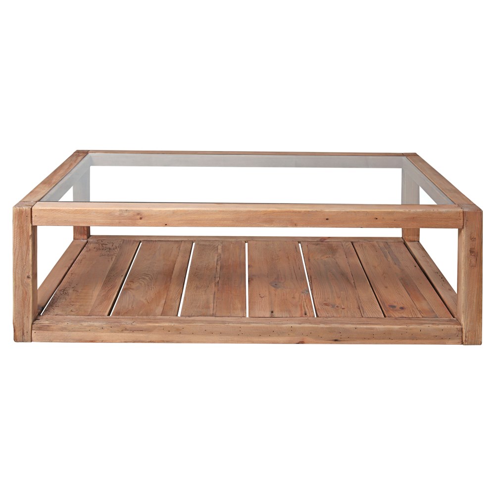 Farmhouse rustic style woodencoffee table rectangular shape with glass