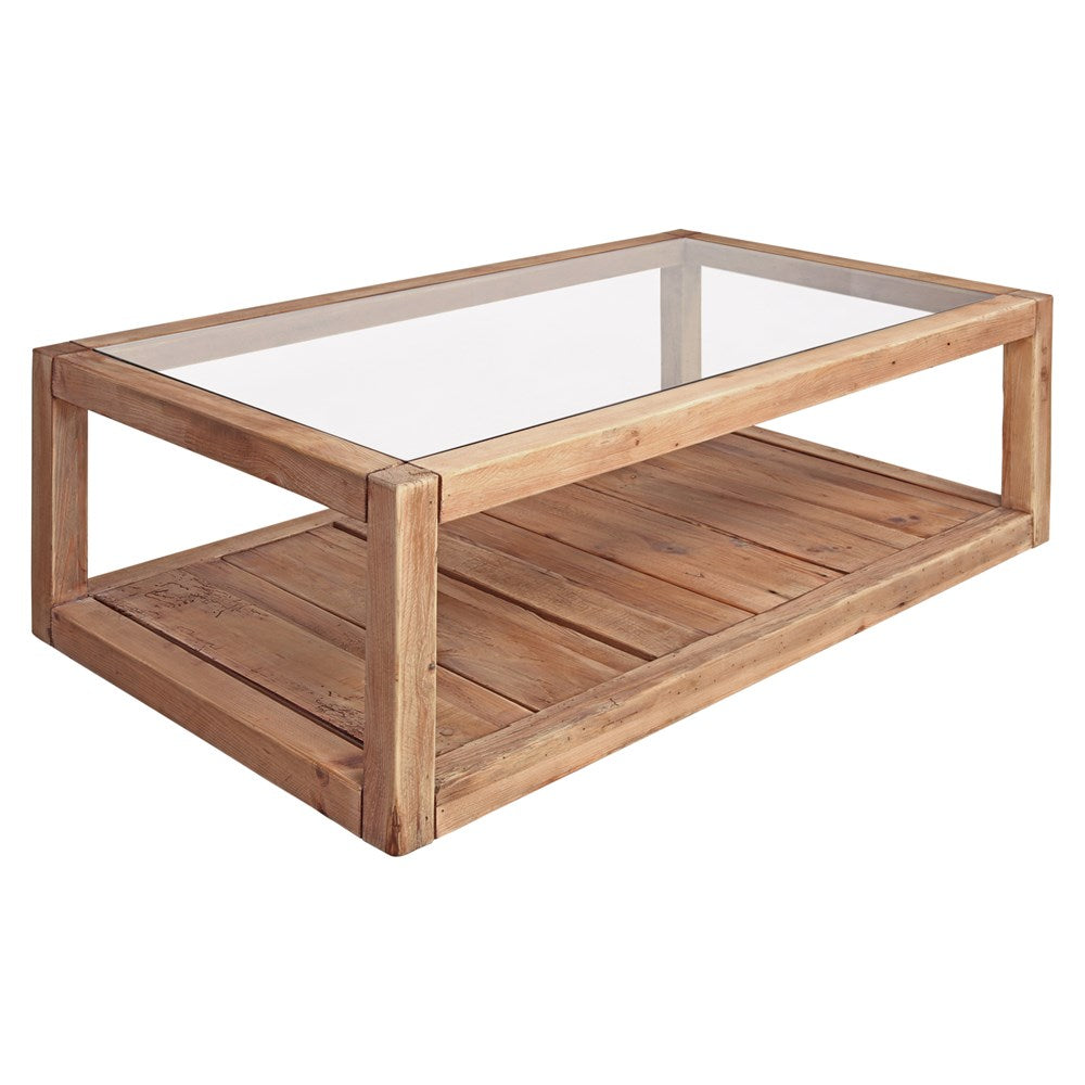 Rustic country style wooden coffee table with shelf large size