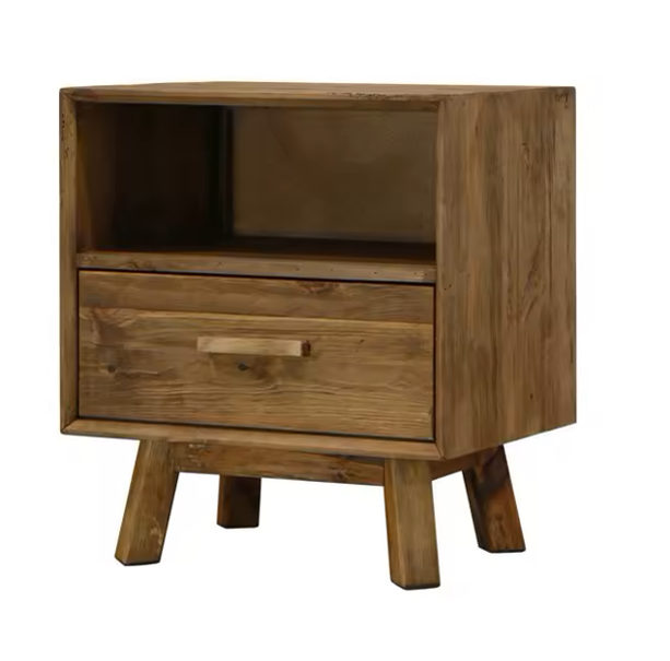 Farmhouse style rustic wooden bedside table with storage drawers