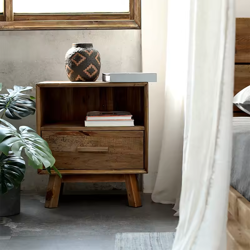 Wooden bedside table with shelf and drawer