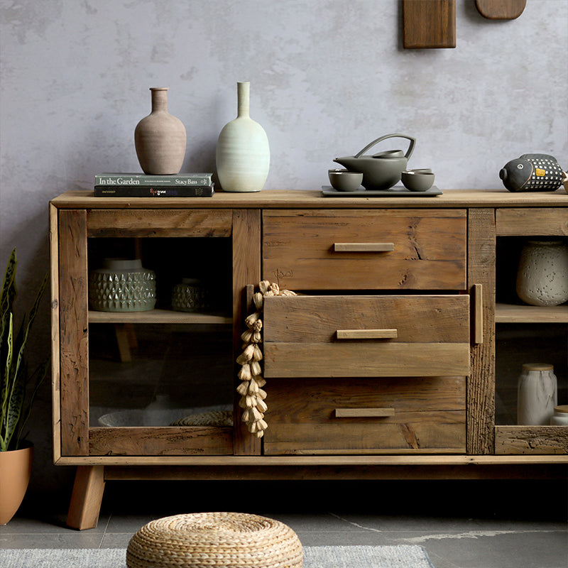 Farmhouse style wooden buffet with drawers and doors