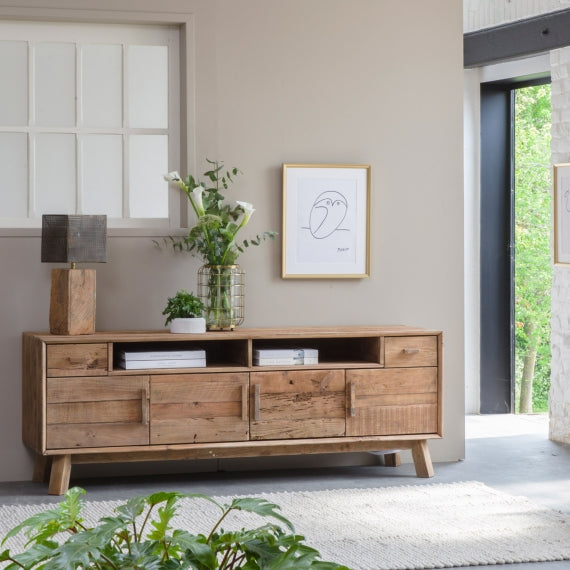 Reclaimed wood farmhouse style TV Unit with drawers and doors for storage