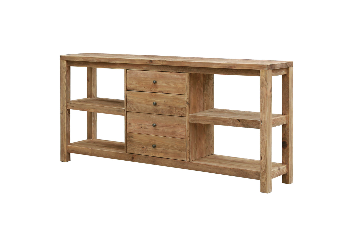 A long, modern country style console table with open shelves and drawers. Features a rustic reclaimed wood frame, gunmetal grey knob handles, and is 192cm long. Console table for living room, dining room, or hallway.