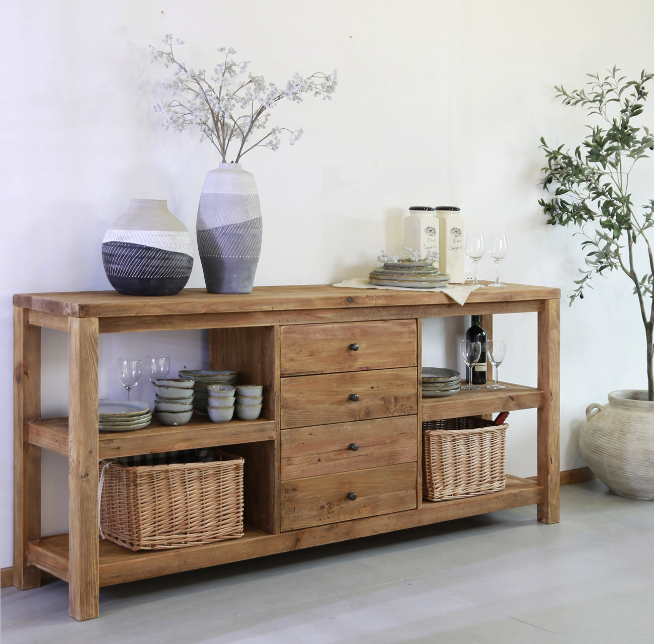 Modern country style and farmhouse style console table with storage for living room or dining room.