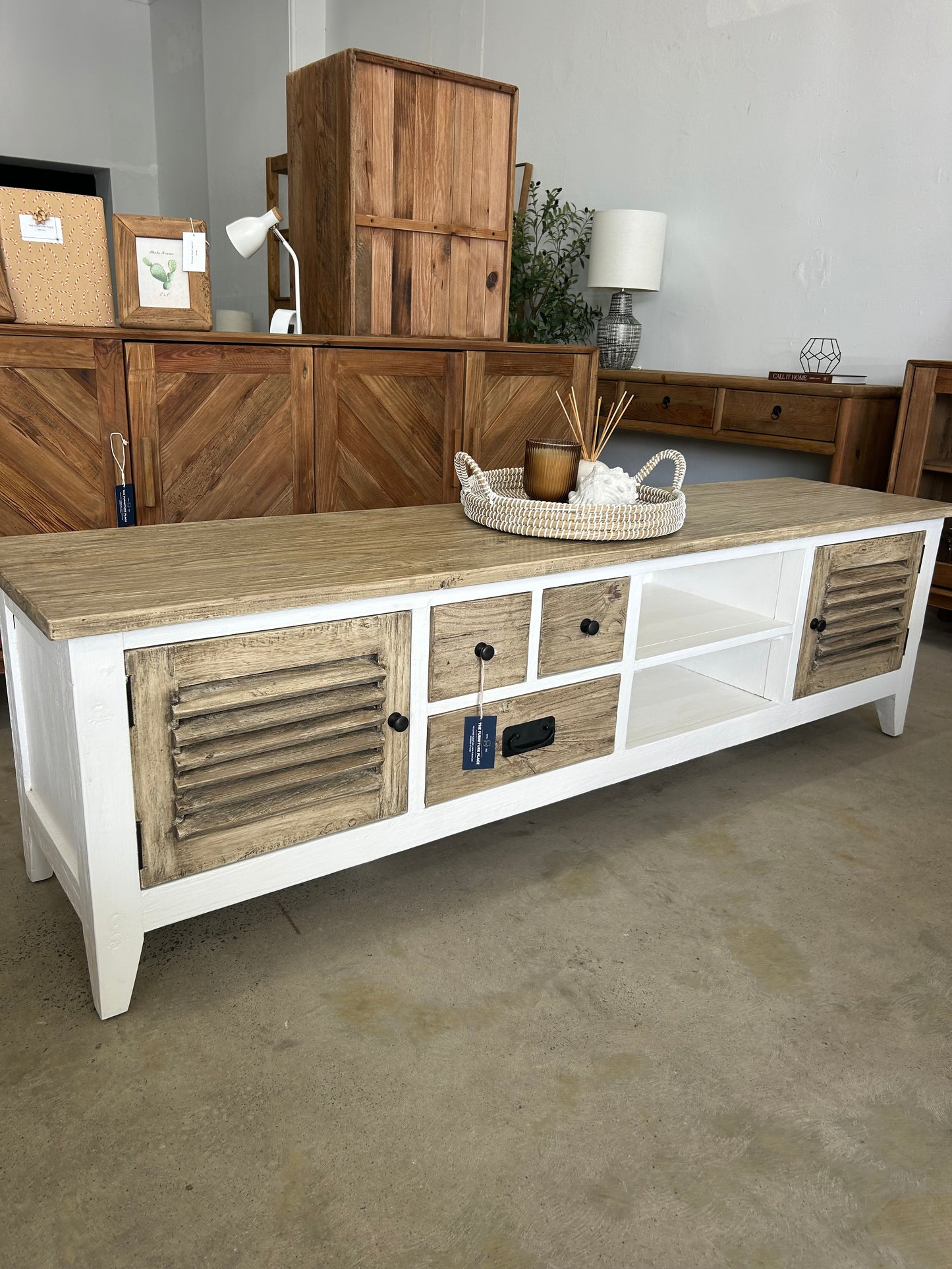 Coastal style white entertainment unit with storage