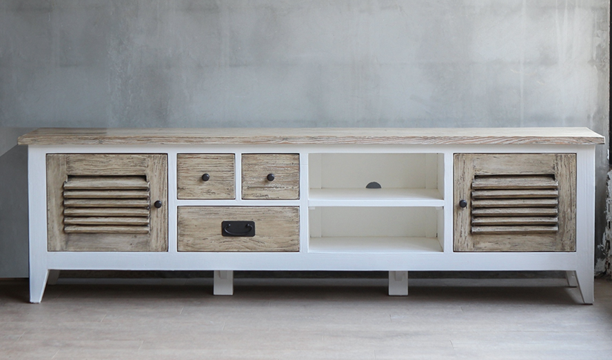 White long TV Unit with wooden features and black handles