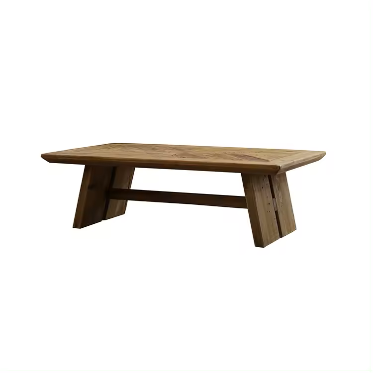Farmhouse style coffee table with angled legs and wooden pattern on stop. Small size 130cm long rectangular shap