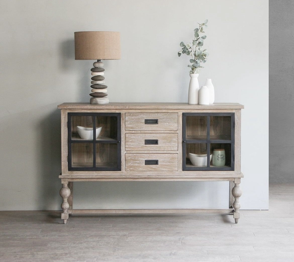 White washed display buffet or sideboard for living room, dining room, or hallway