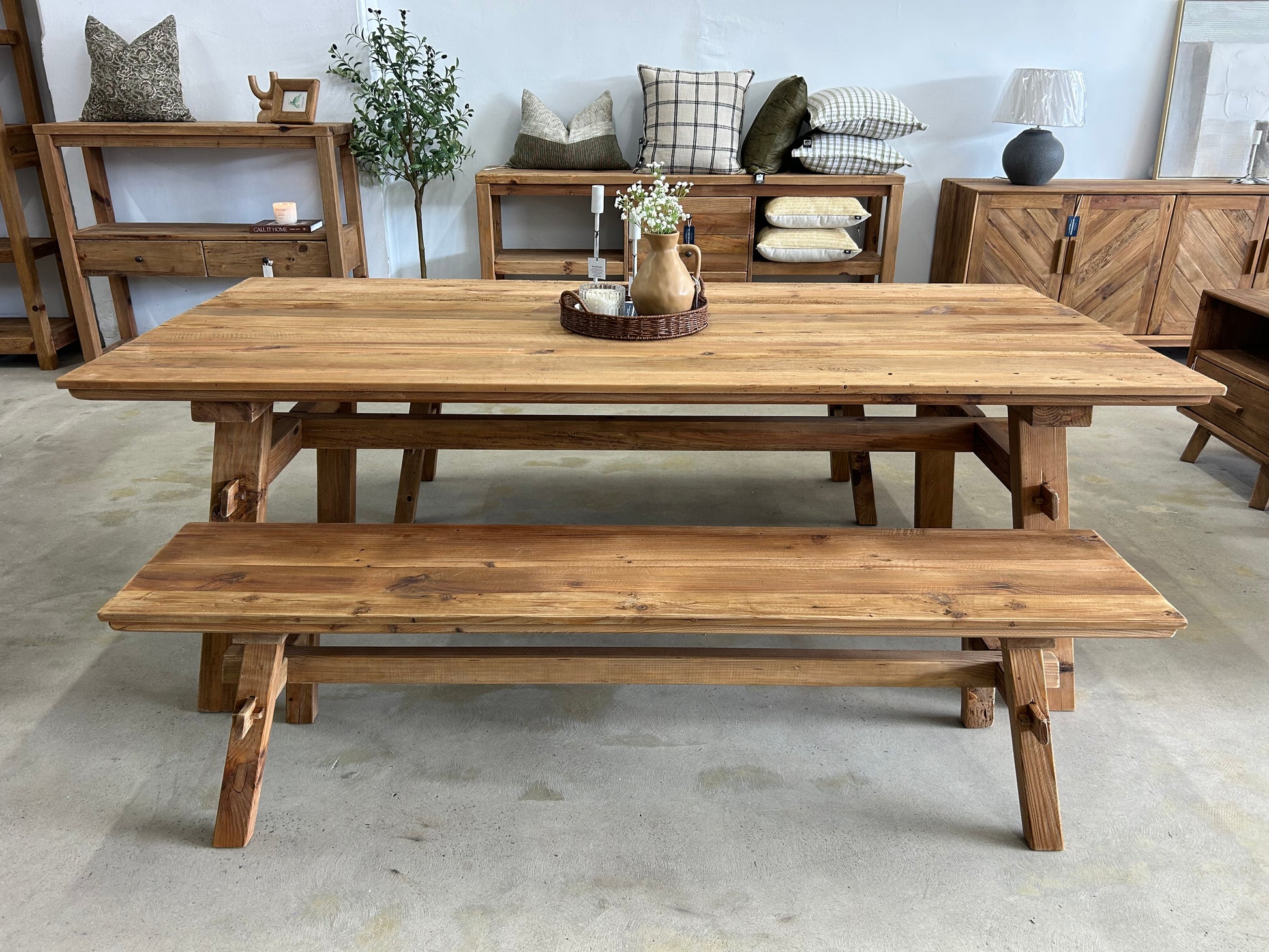 Farmhouse rustic style wooden dining setting with benches