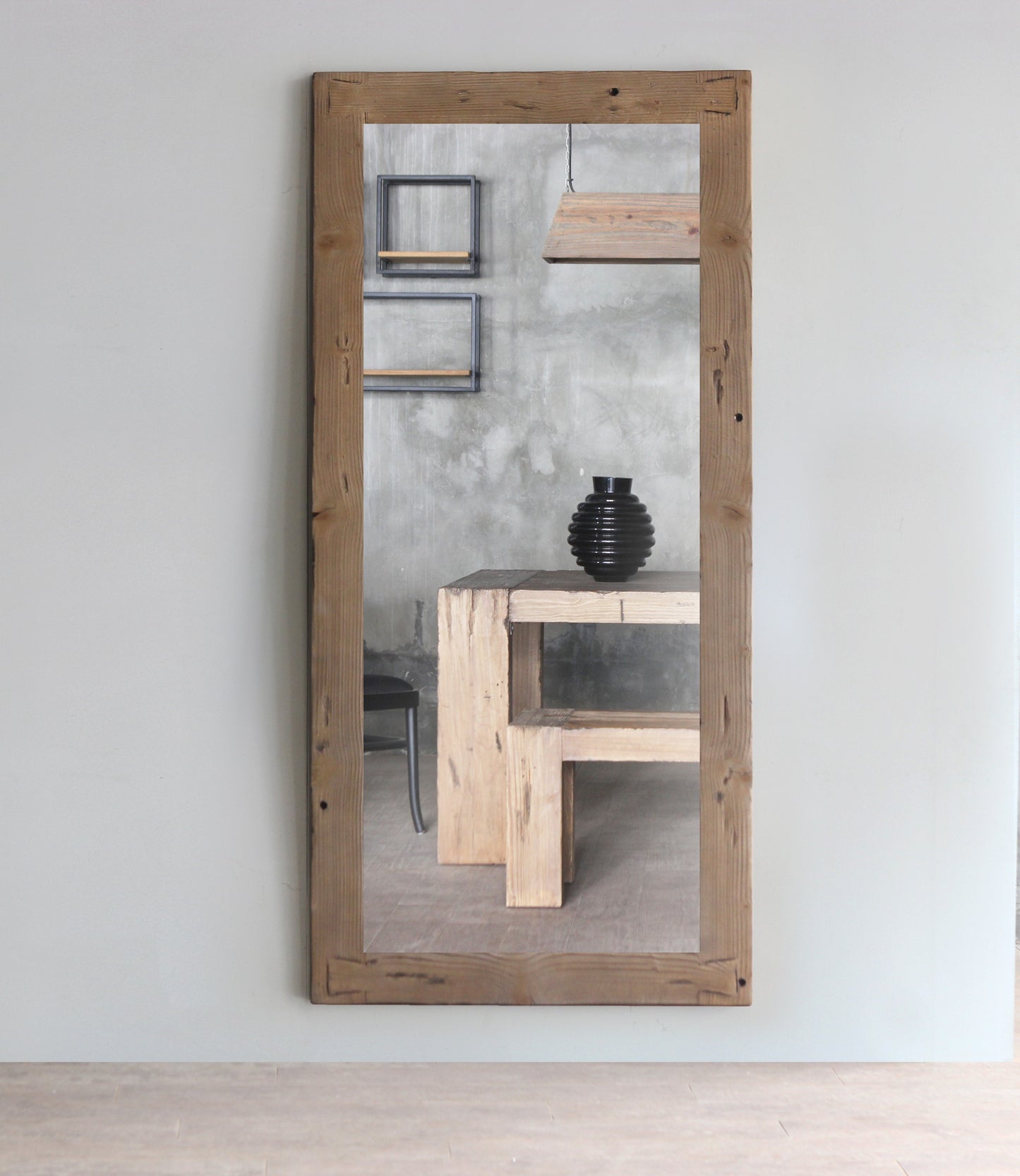 Wall mounted full length mirror with wooden frame