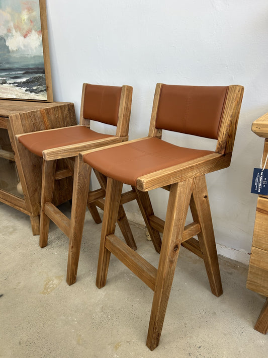 Wooden frame bar stool with tan leather seat and backrest