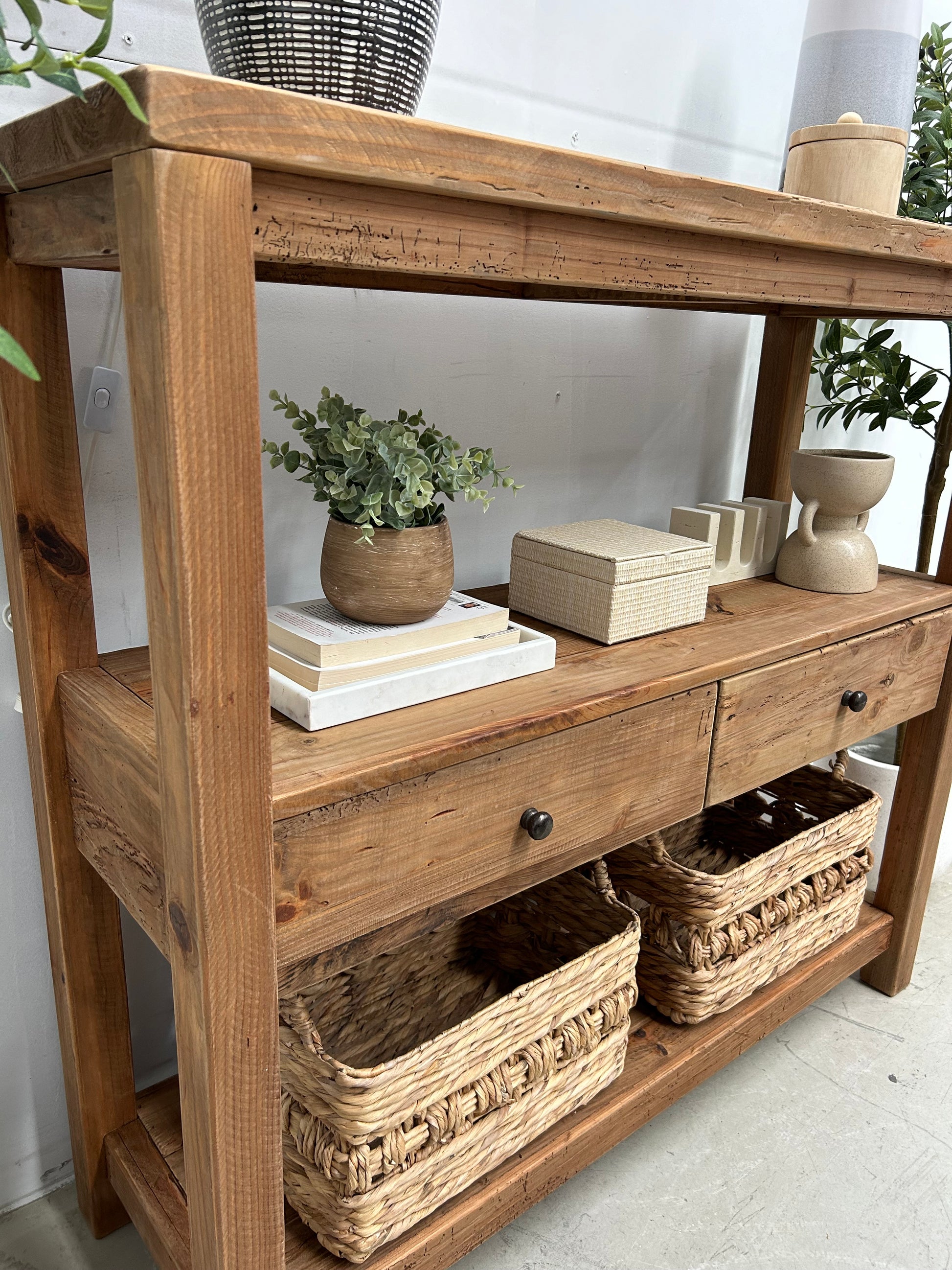 Close up of wooden rustic style hall table or console table. Farmhouse style