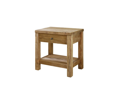 Modern country farmhouse bedside table made of wood with a drawer and a shelf