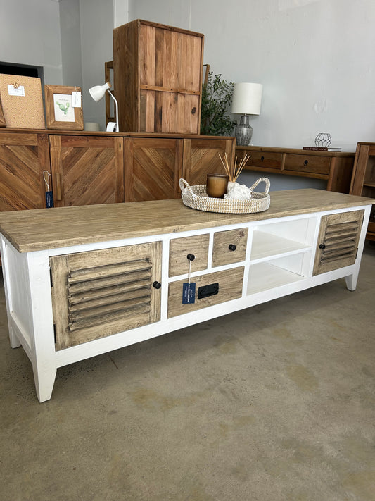 Coastal style white entertainment unit with storage