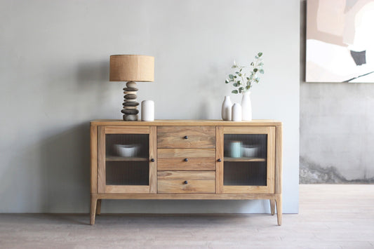 Light wood buffet with glass doors and drawers, contemporary style buffet