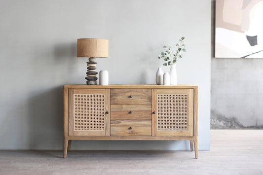 Contemporary style buffet with rattan doors 150cm long