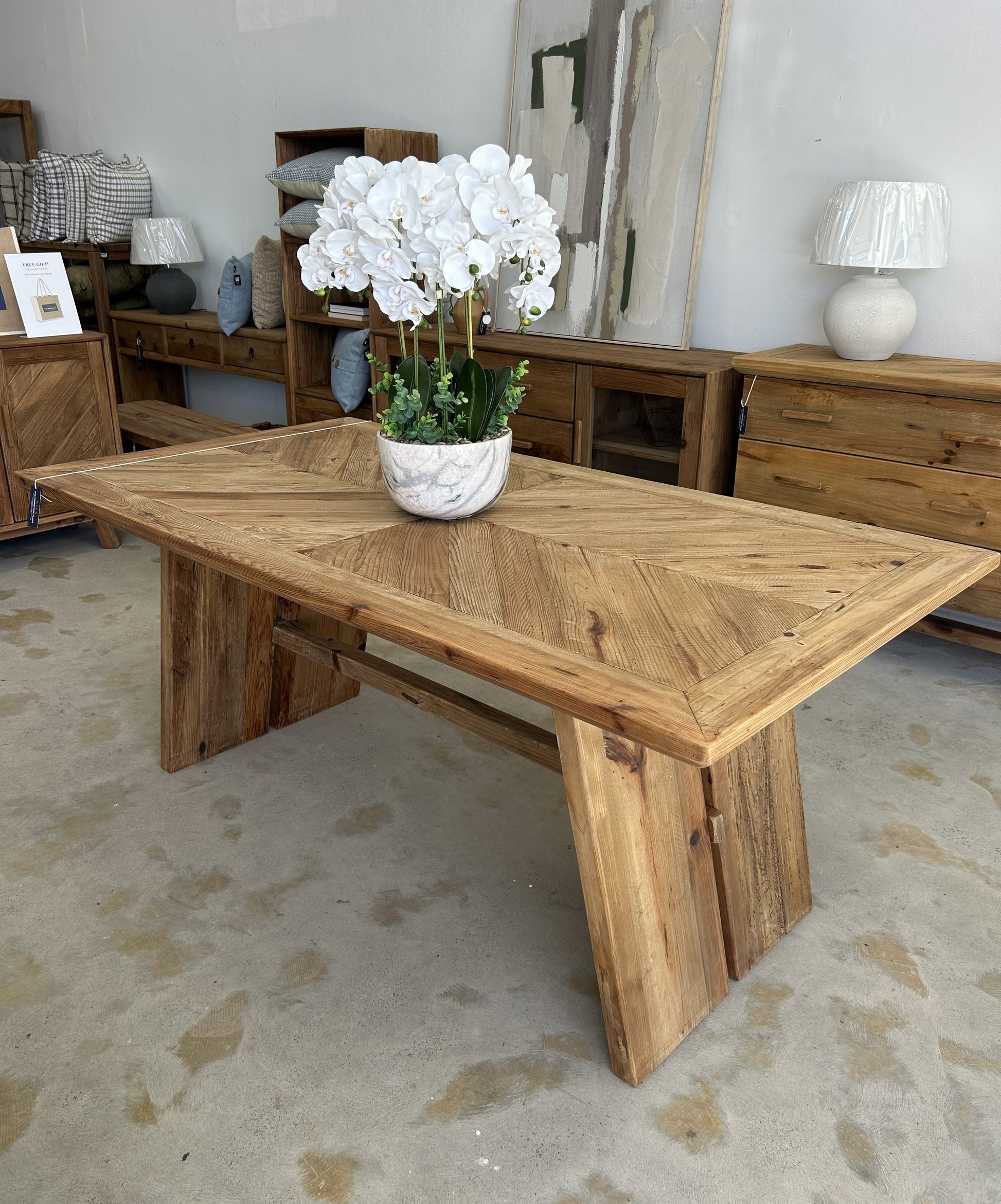 Farmhouse rectangular dining table that is 1.8m long with angled legs