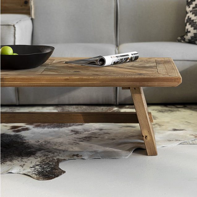 Farmhouse rustic wooden coffee table with angled legs and unique design