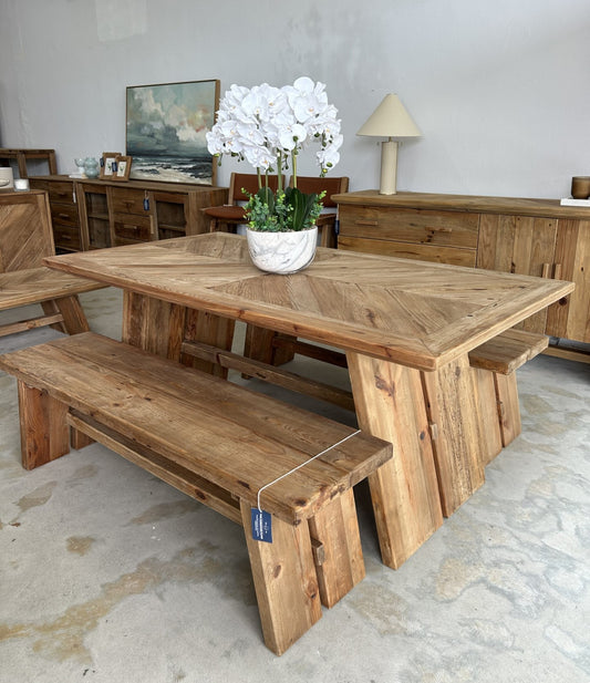 Farmhouse style wooden dining bench setting