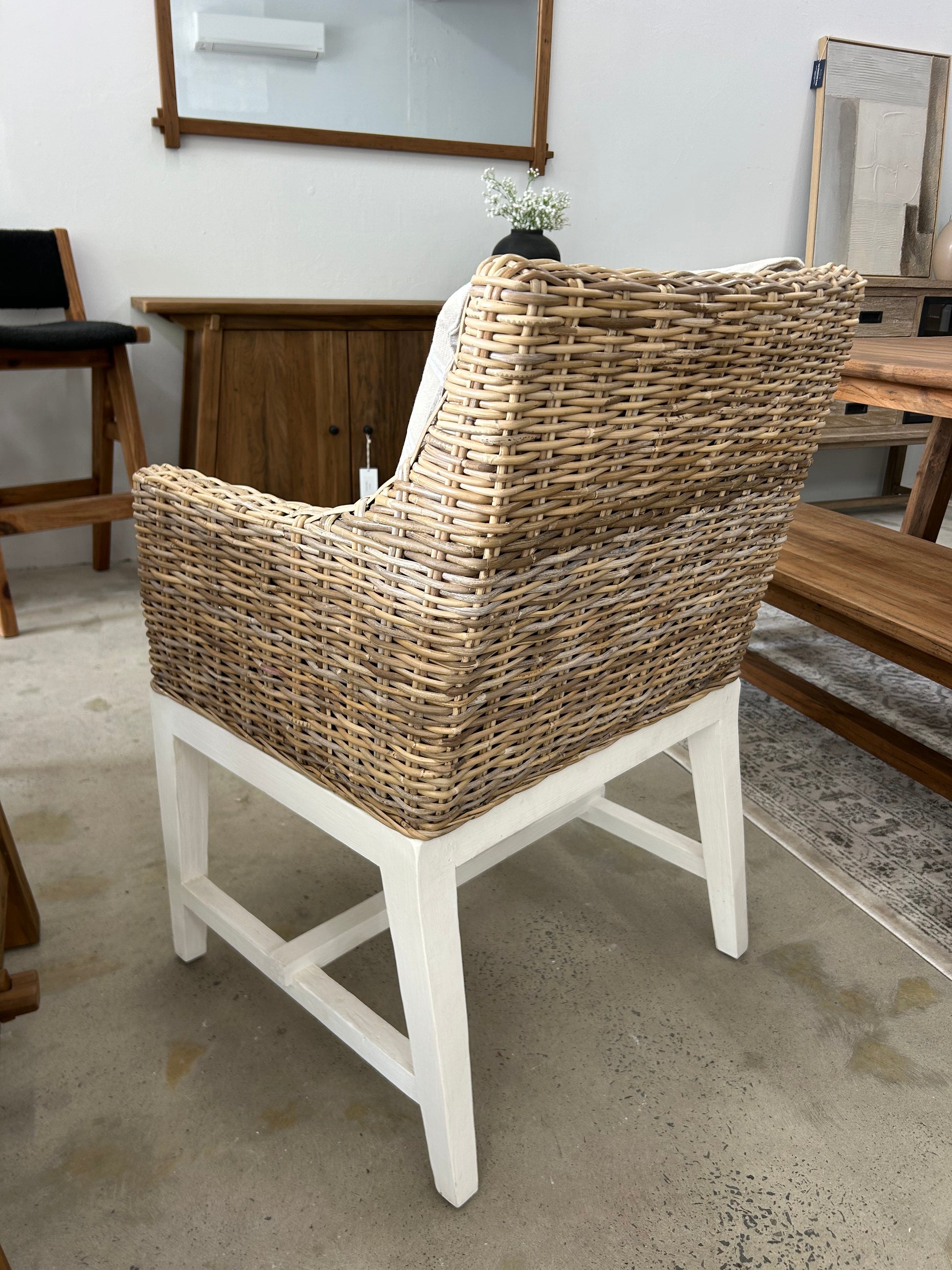 Coastal white dining chair with rattan feature