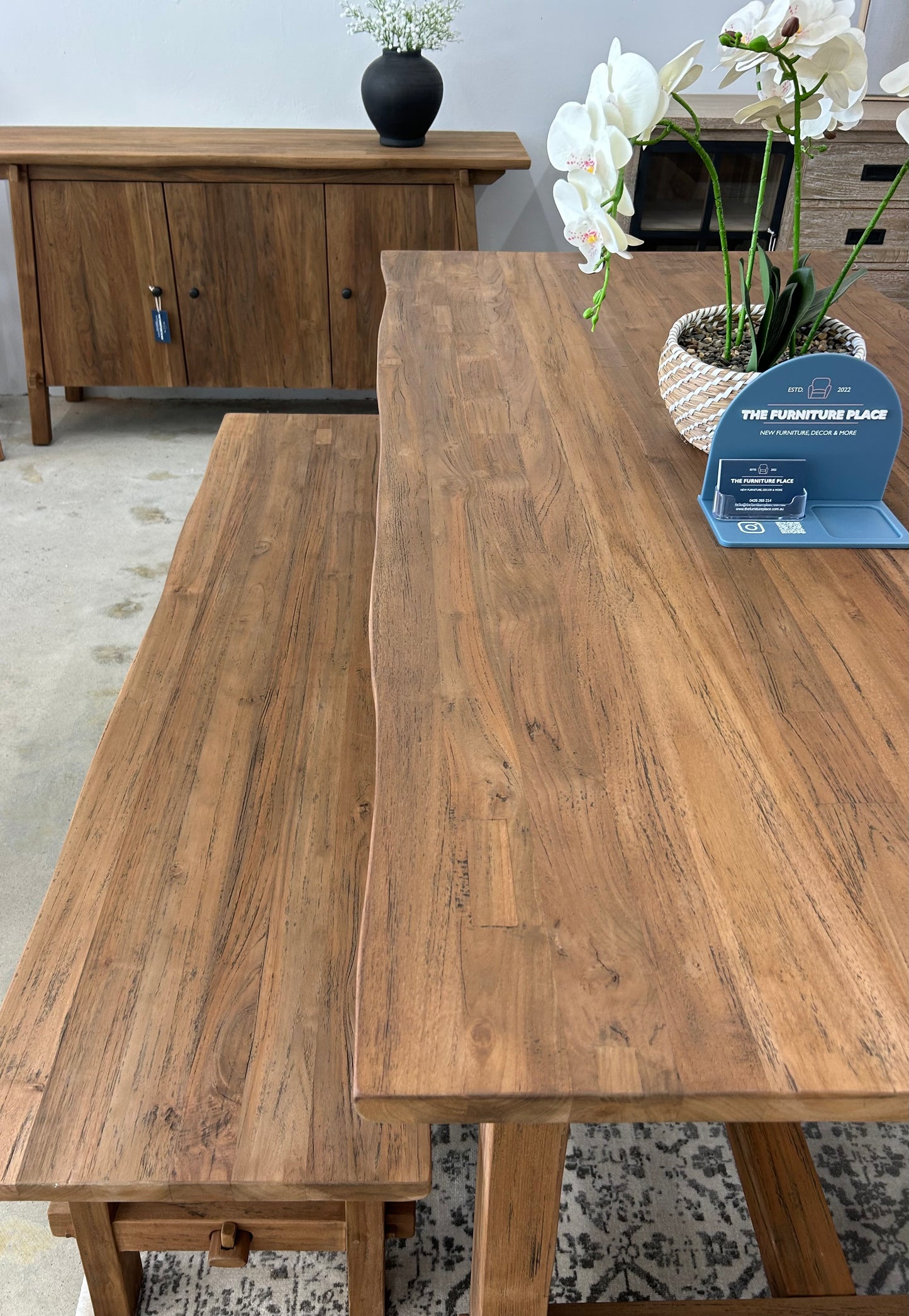 Dining table with a live edge detail dining bench setting farmhouse style