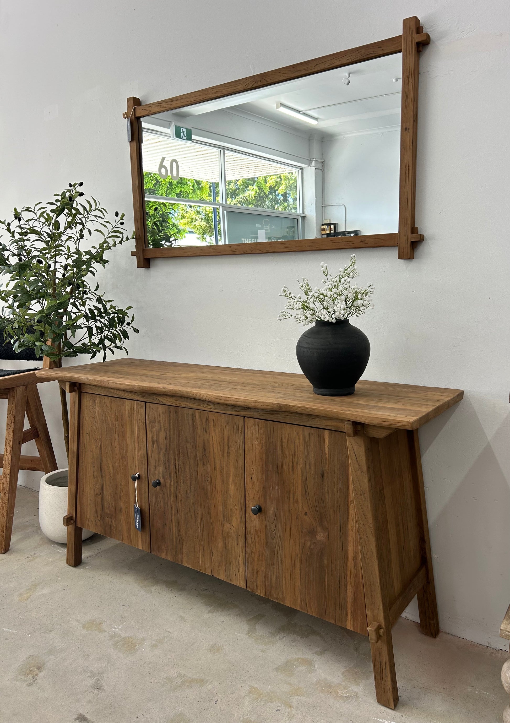 Wooden wall mirror and matching buffet for living room or hallway farmhouse style