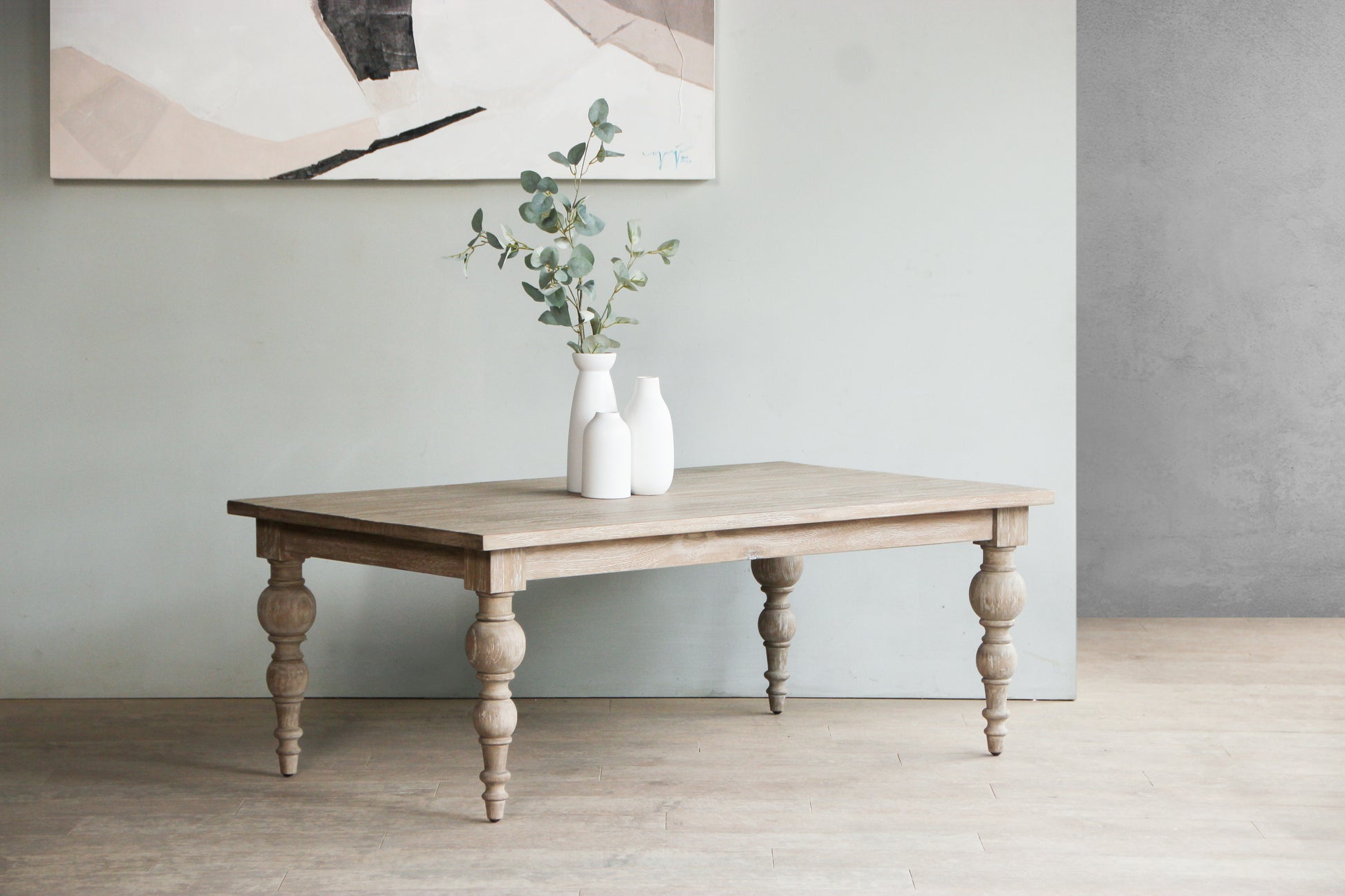 Wooden coffee table with carved leg details hamptons style, coastal style, modern country style, farmhouse style
