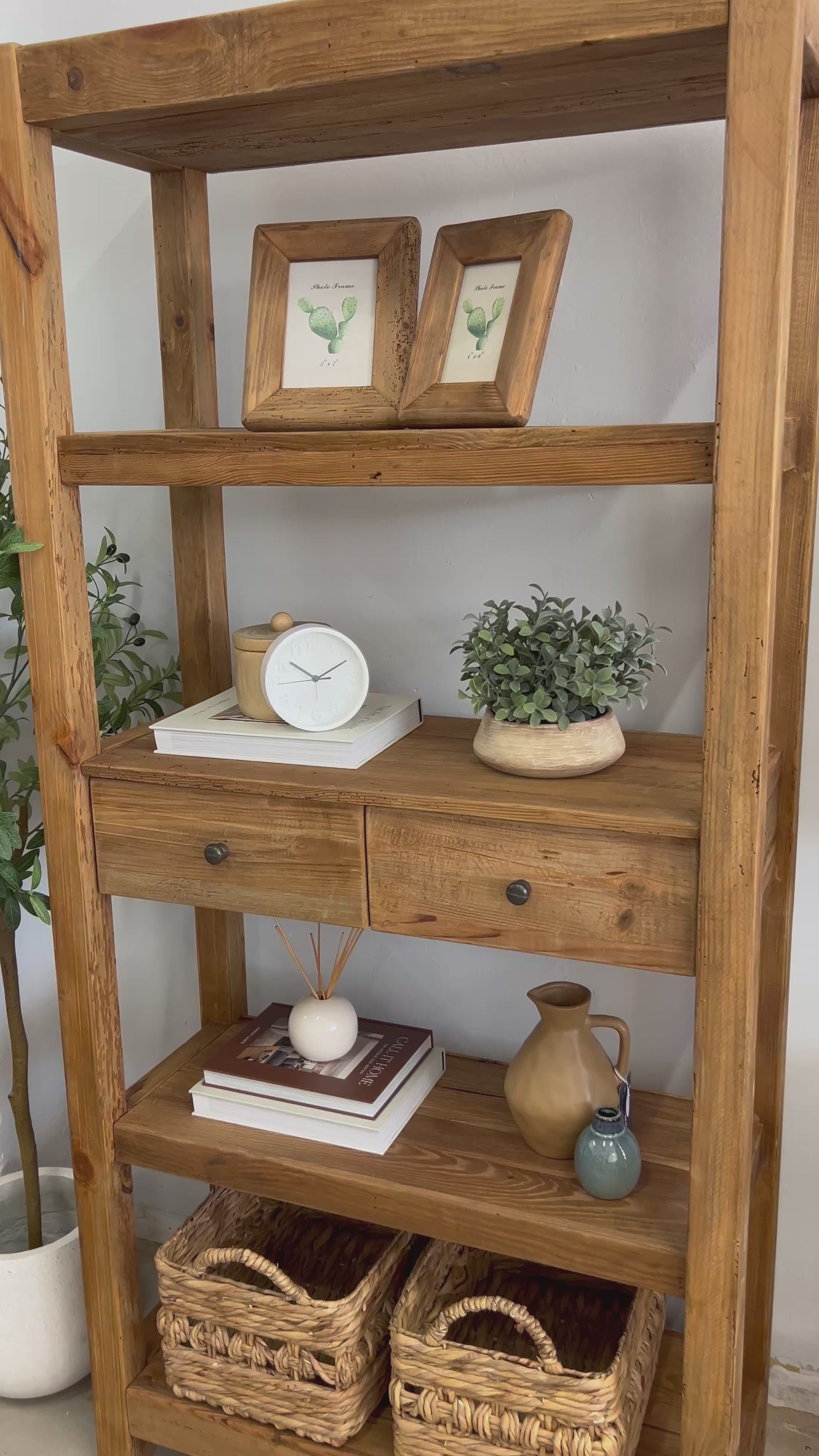 Tall large farmhouse style bookshelf with display shelves and drawers